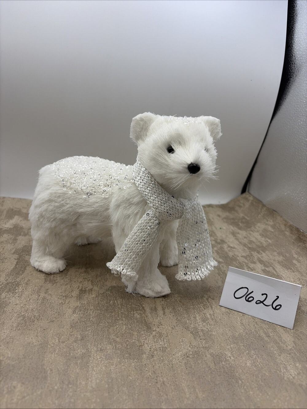Vintage faux fur over paper mache Christmas white Polar Bear Silver Accents